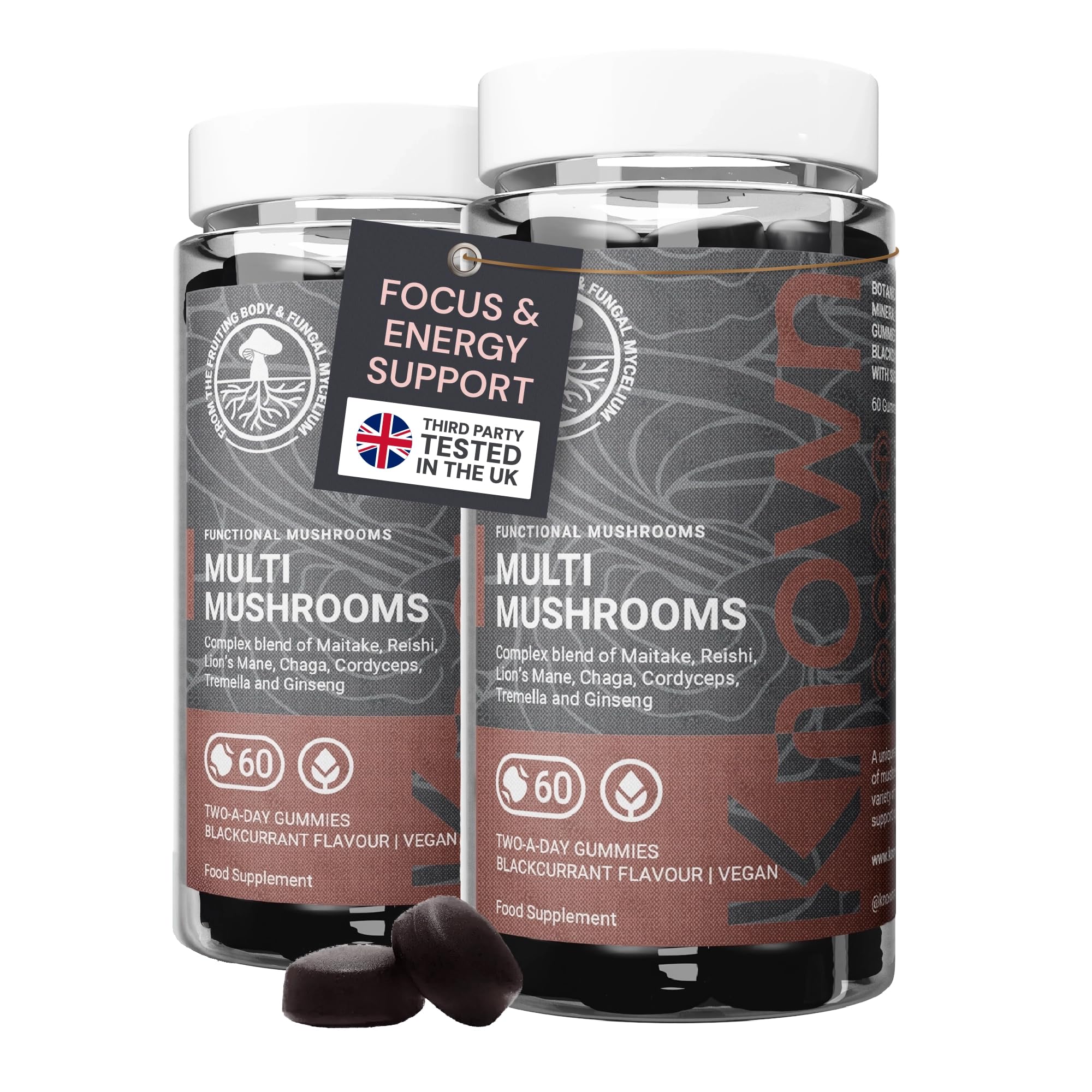 Two bottles of Multi Mushroom Gummies side by side, 120-count, two month supply