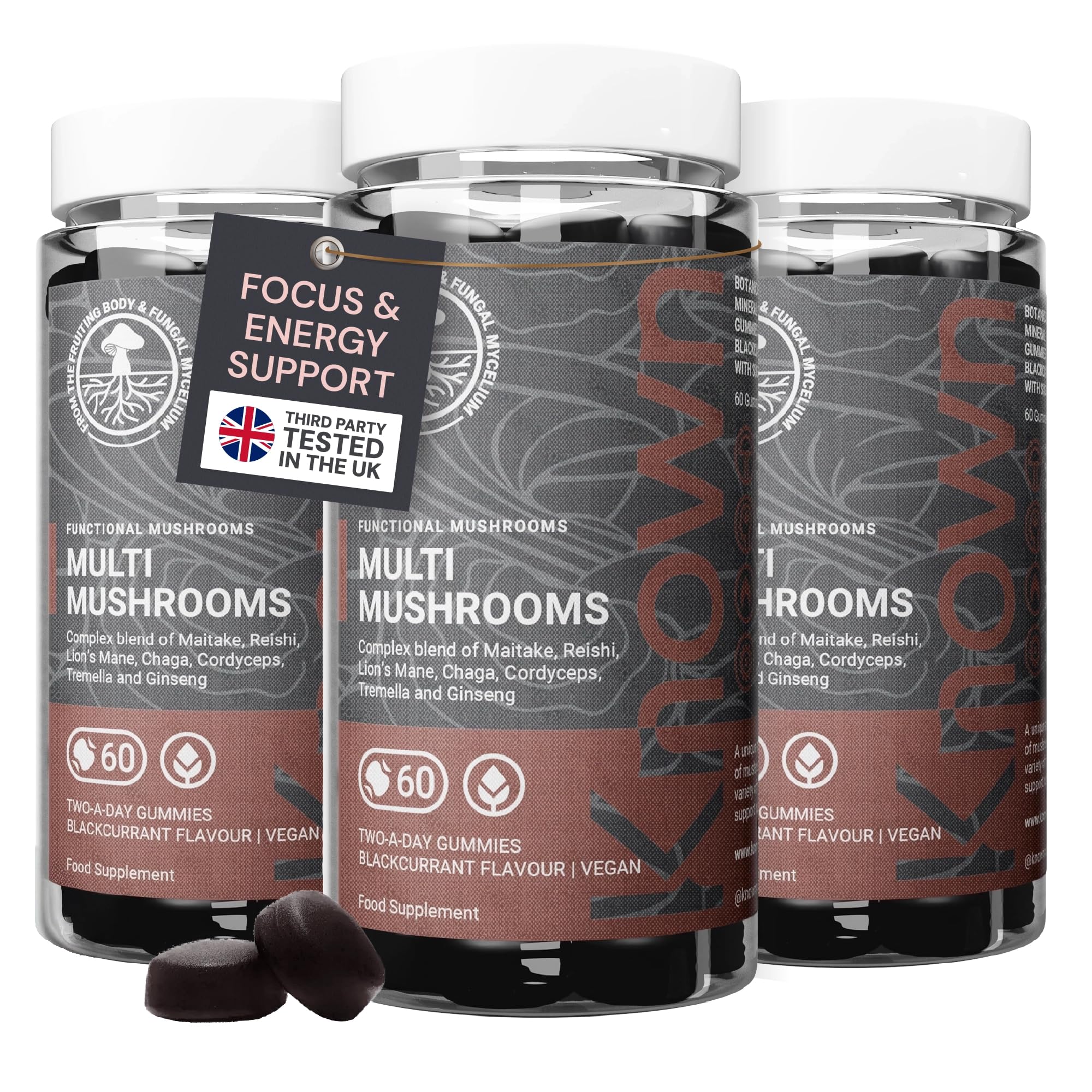 Three bottles of Multi Mushroom Gummies grouped together, 180-count, three month supply